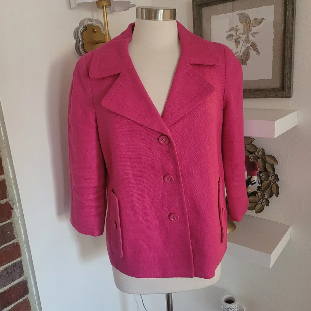 Talbots Women's Pink Linen Jacket 3/4 Sleeves Front Pockets Size 8